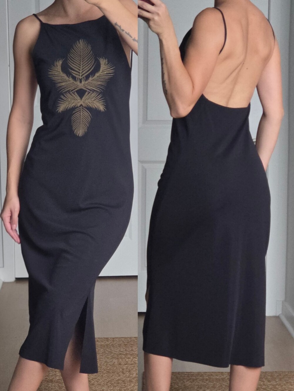 NWT Osklen Palm Leaves Print Midi Dress Open Back, Size Medium, Black And Gold